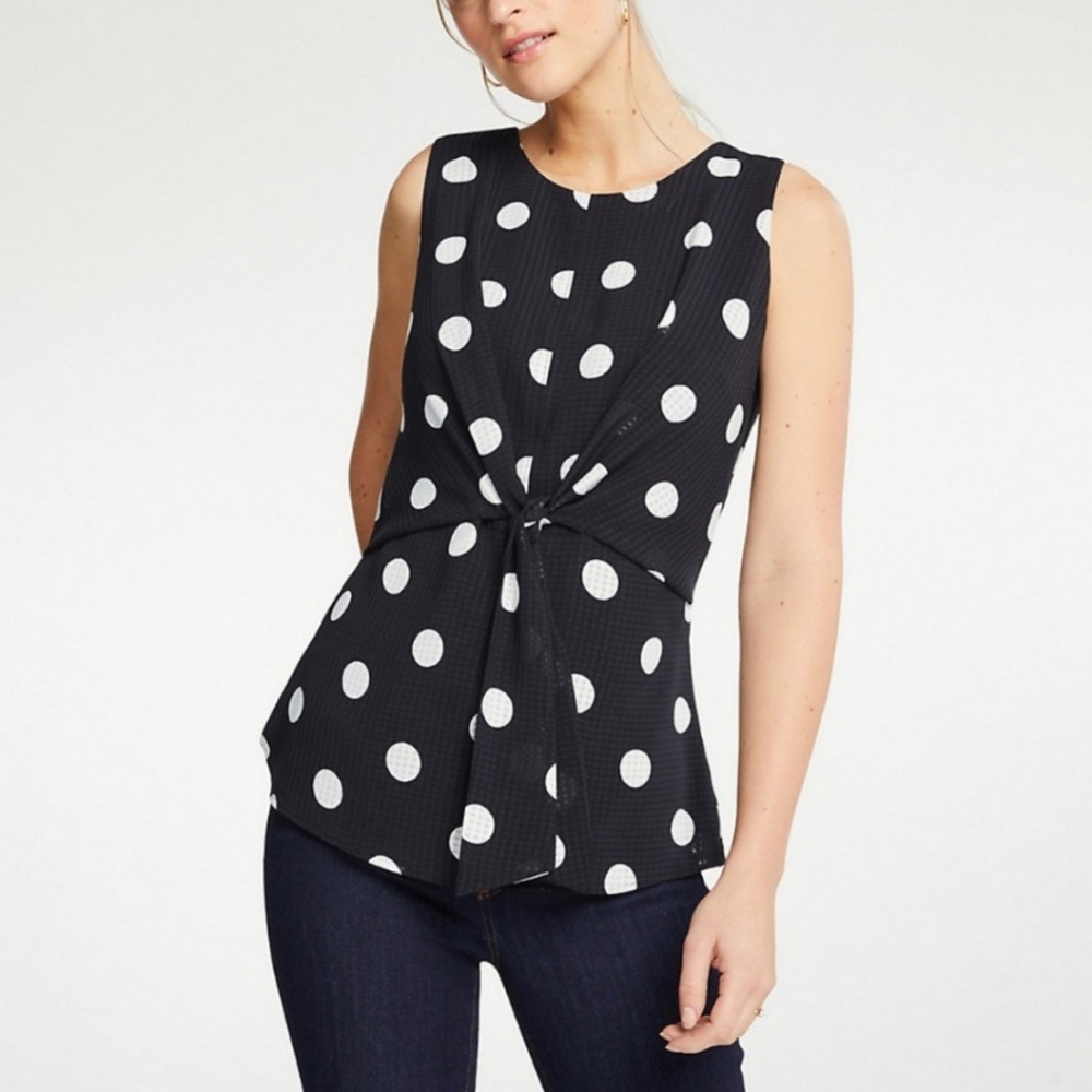 Ann Taylor Polka Dot Tie Front Waist Shell Sz 00P
